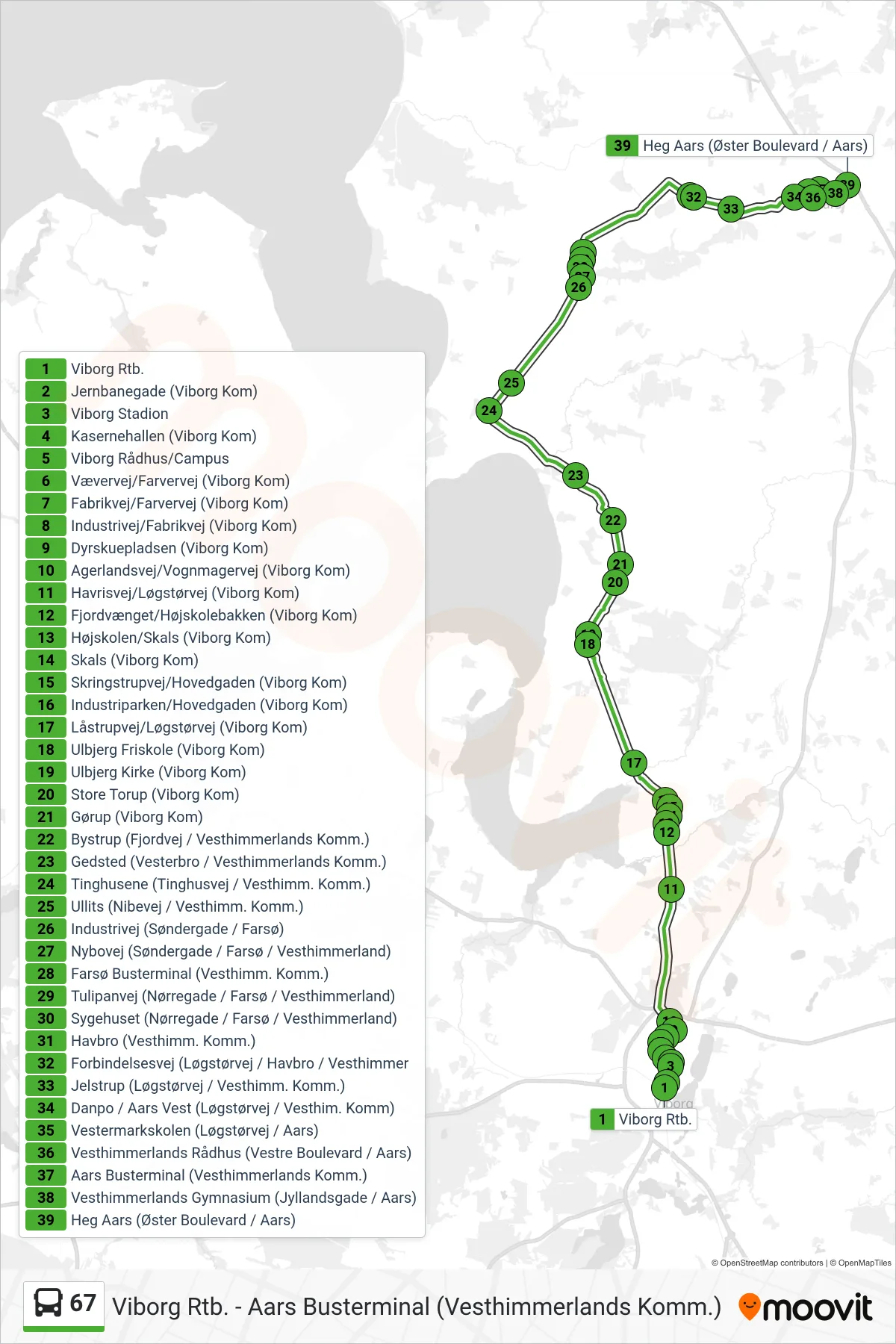 67 bus Linje (Heg Aars) rute og stop på et kort
