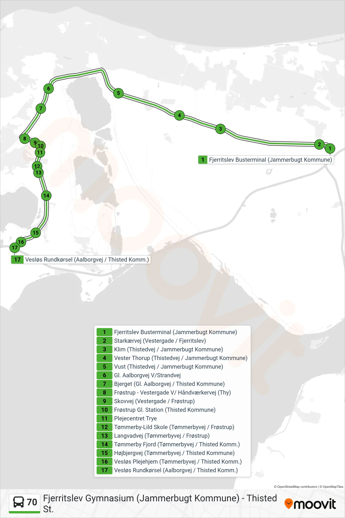 70 bus Line (Vesløs Via Klim - Frøstrup) route and stops on a map