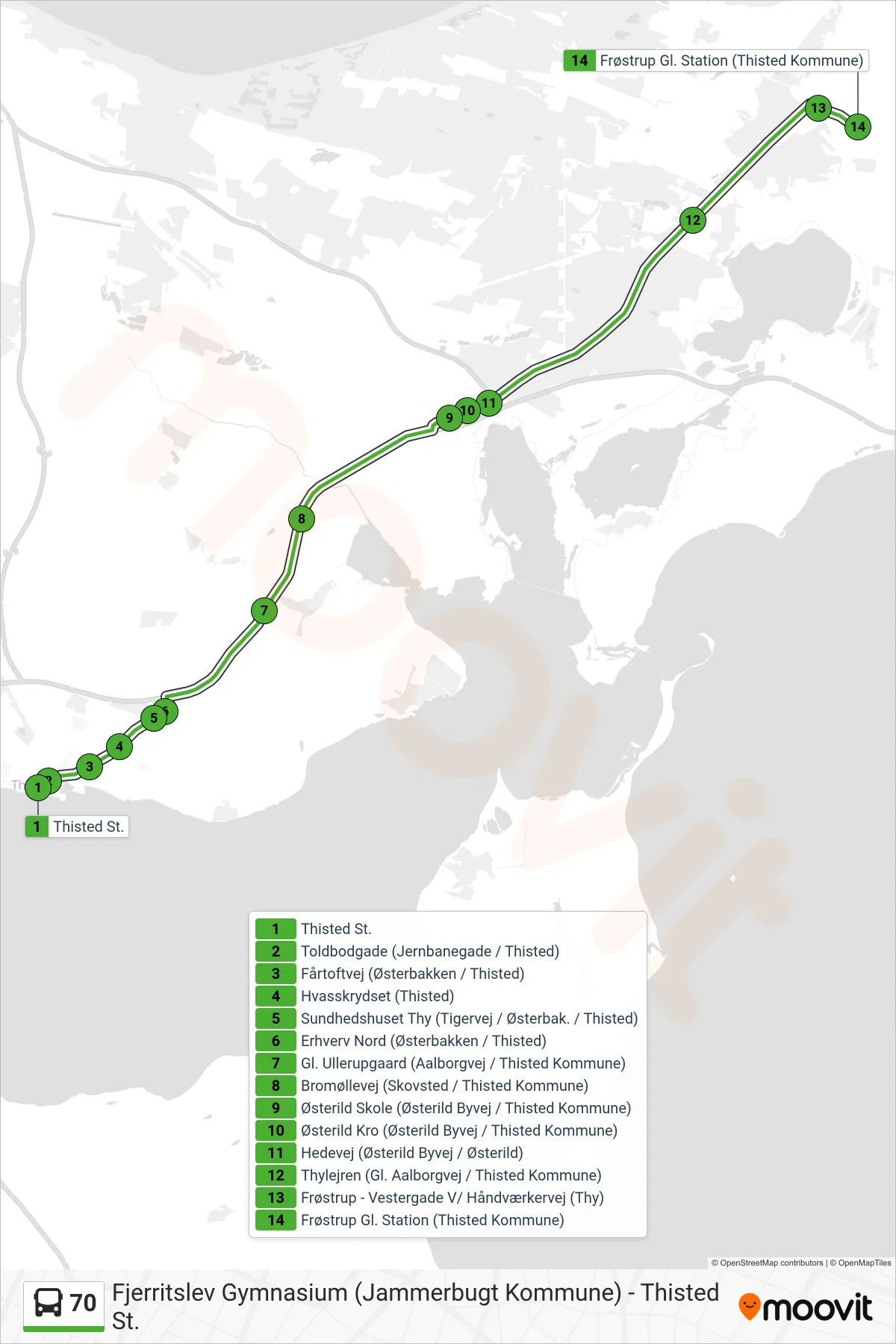 70 bus Linje (Frøstrup Via Thylejren) rute og stop på et kort