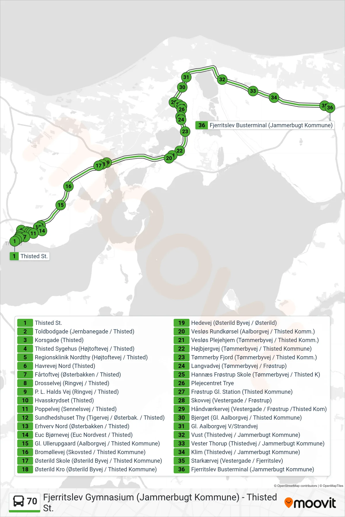 70 bus Linje (Fjerritslev) rute og stop på et kort