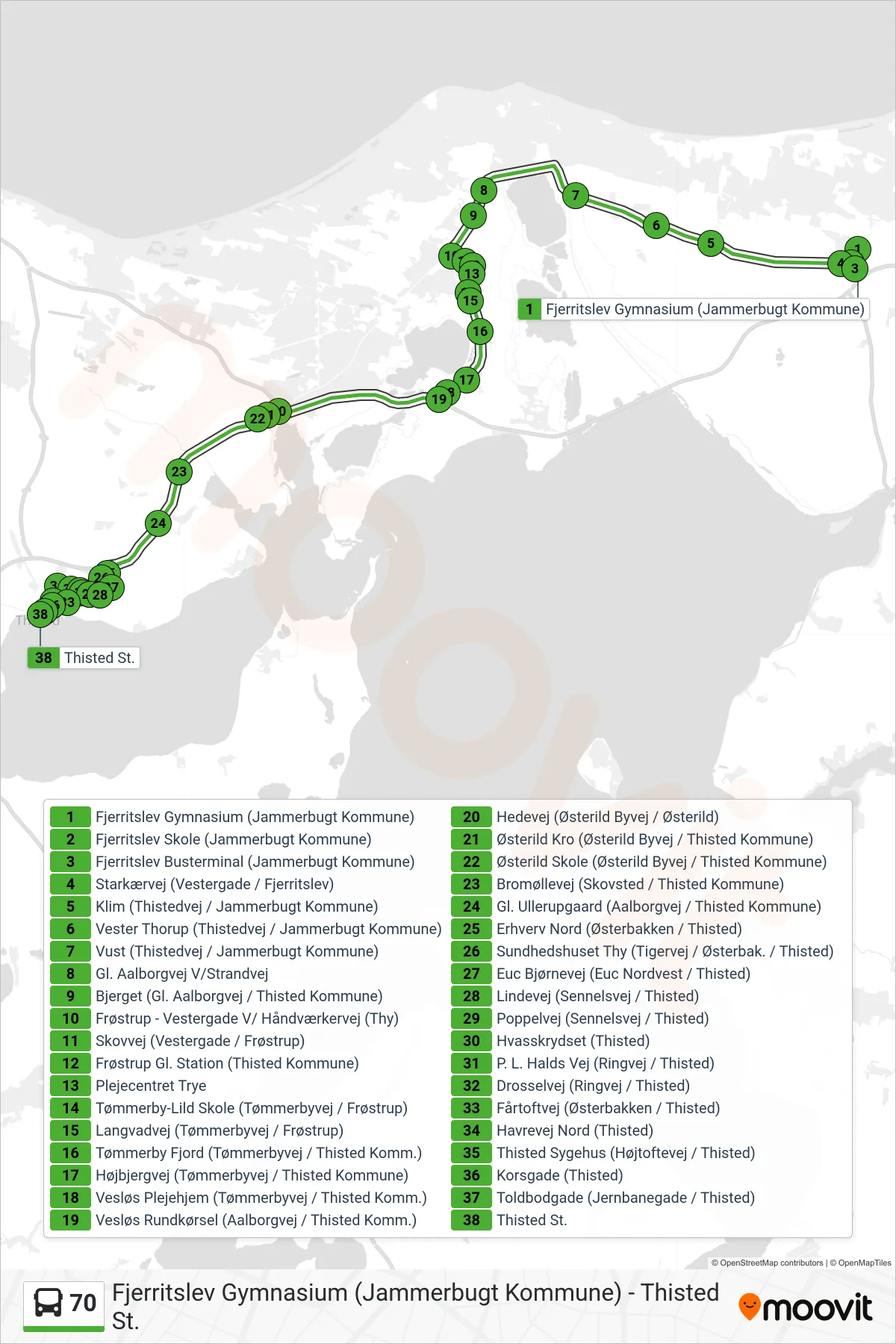 70 bus Line (Thisted St.) route and stops on a map