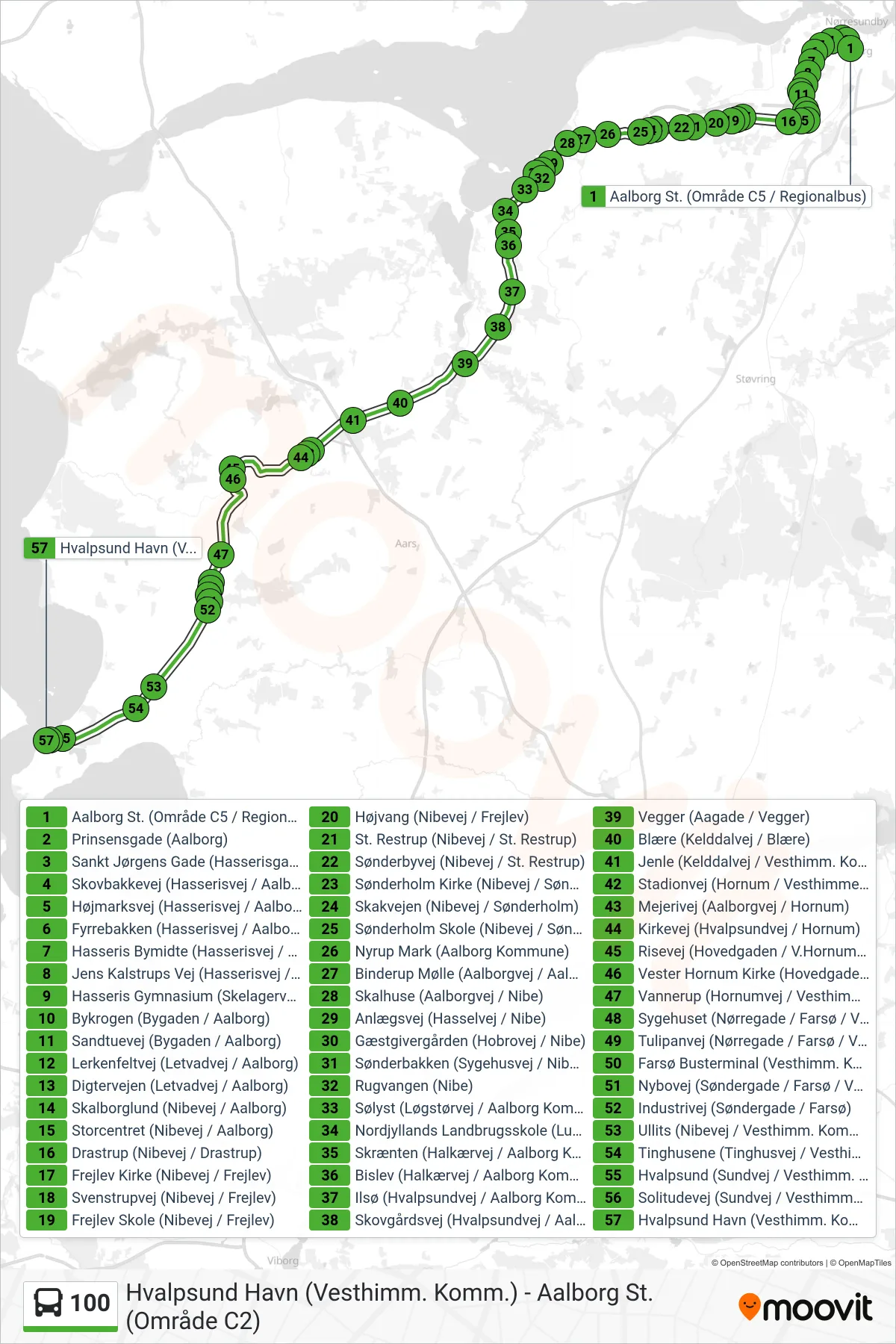 100 bus Linje (Hvalpsund) rute og stop på et kort