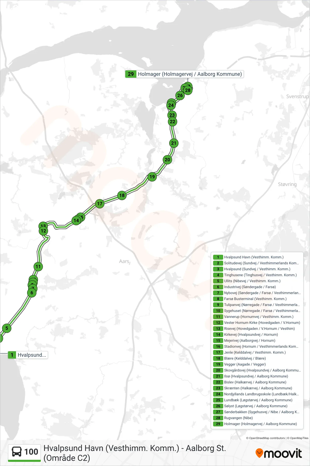 100 bus Linje (Nibe) rute og stop på et kort