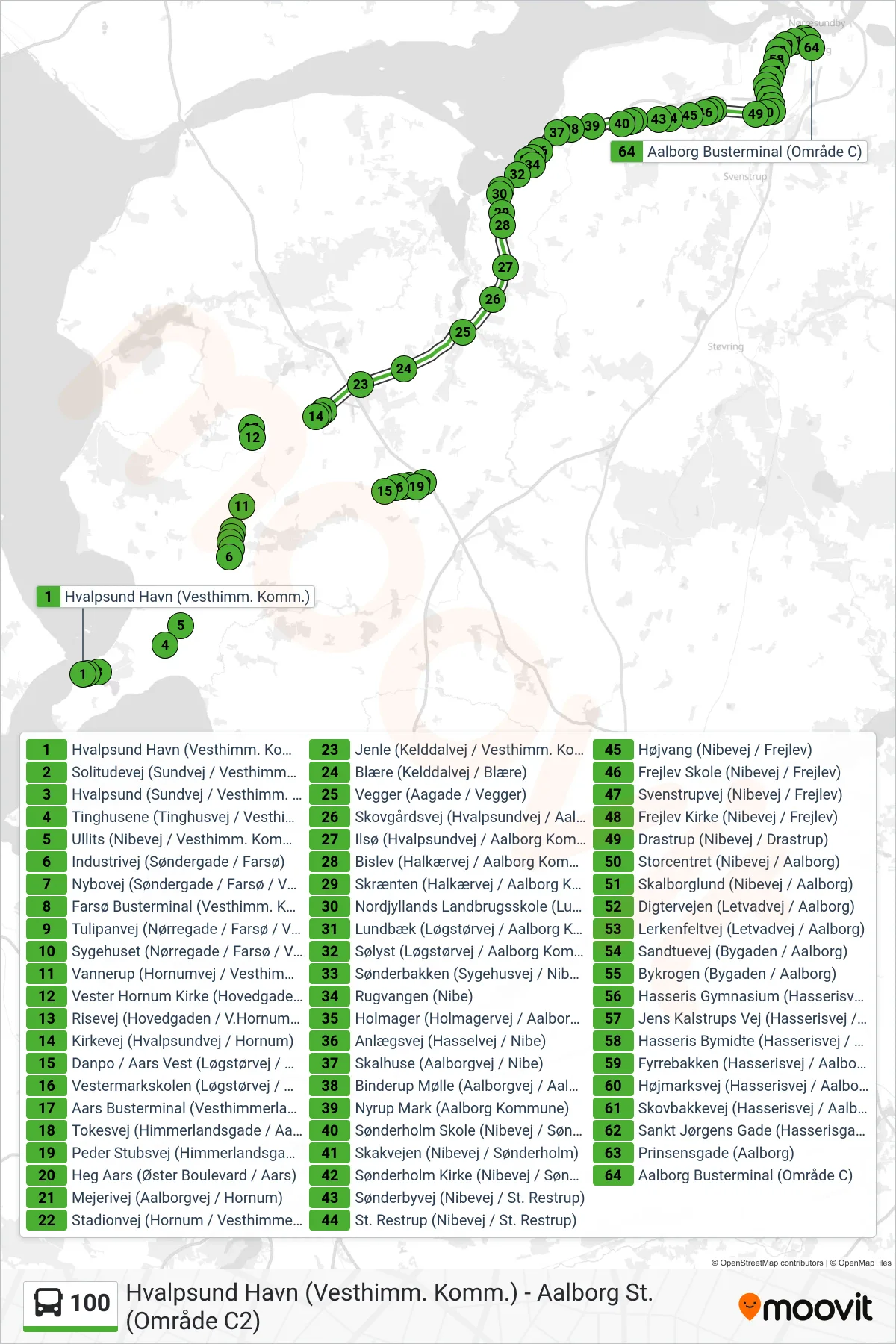 100 bus Linje (Aalborg St.) rute og stop på et kort