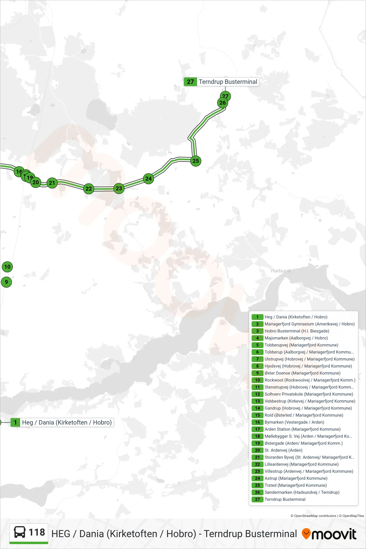118 bus Linje (Terndrup) rute og stop på et kort