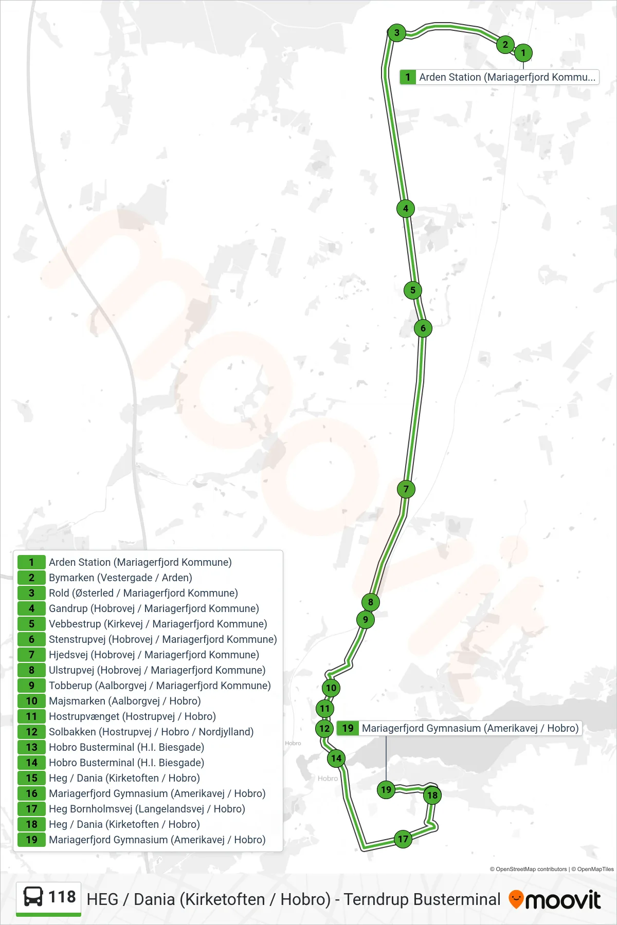 118 bus Linje (Mariagerfjord Gymnasium) rute og stop på et kort