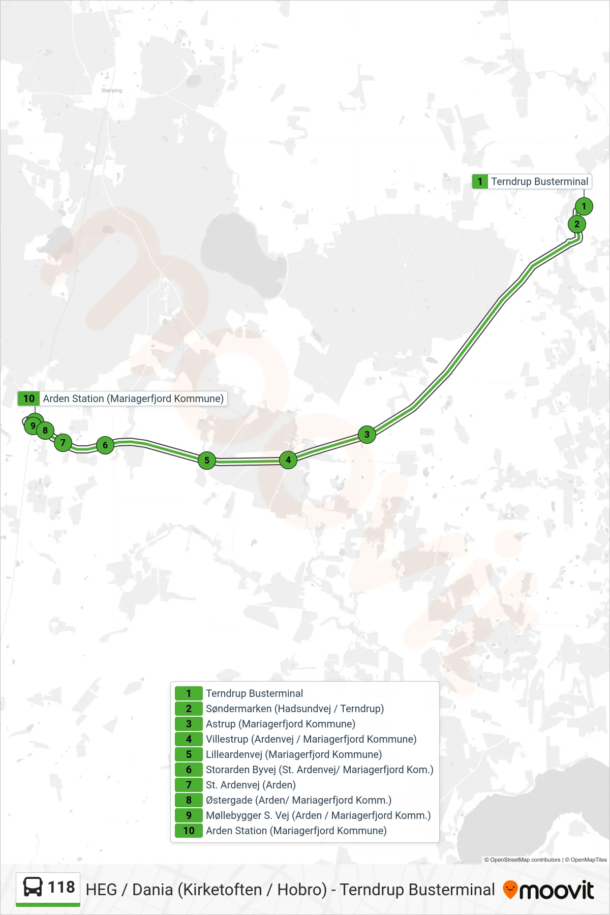118 bus Linje (Arden) rute og stop på et kort
