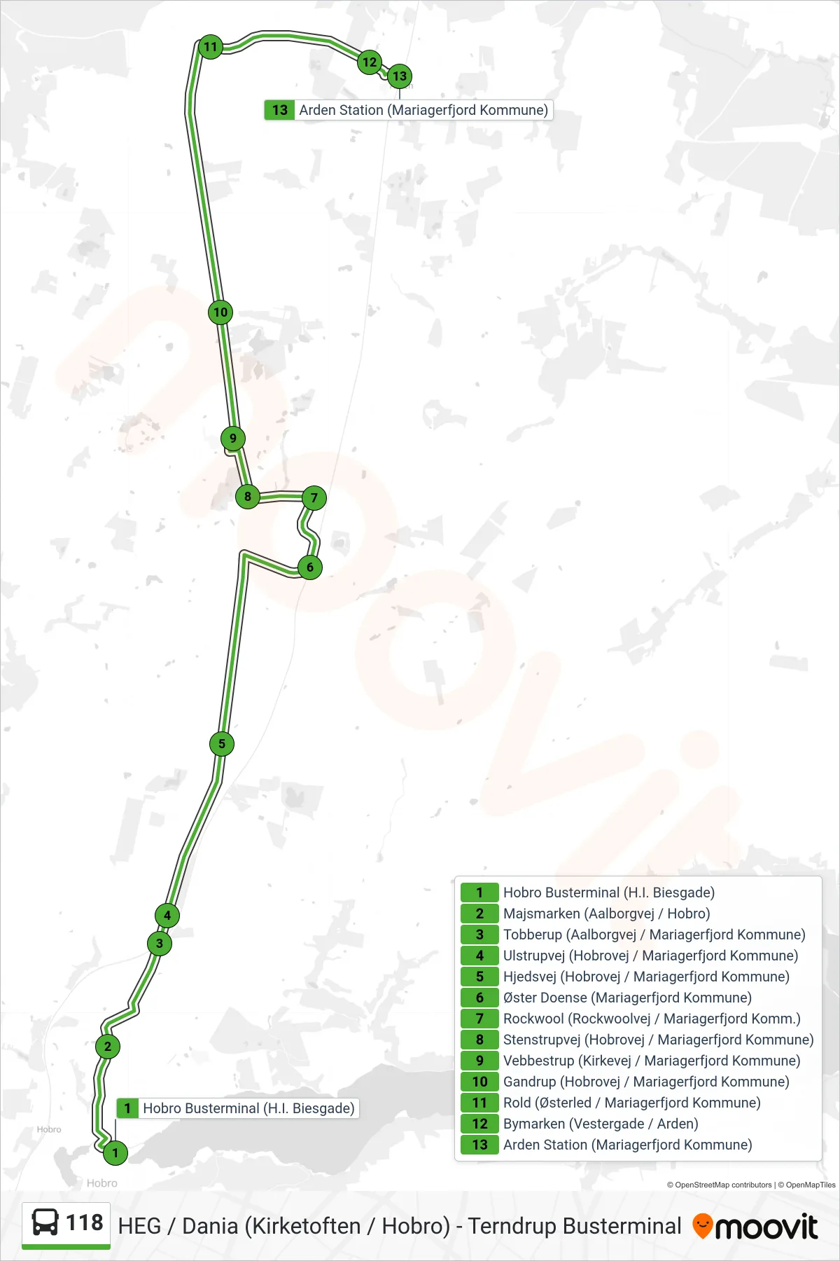 118 bus Linje (Arden) rute og stop på et kort