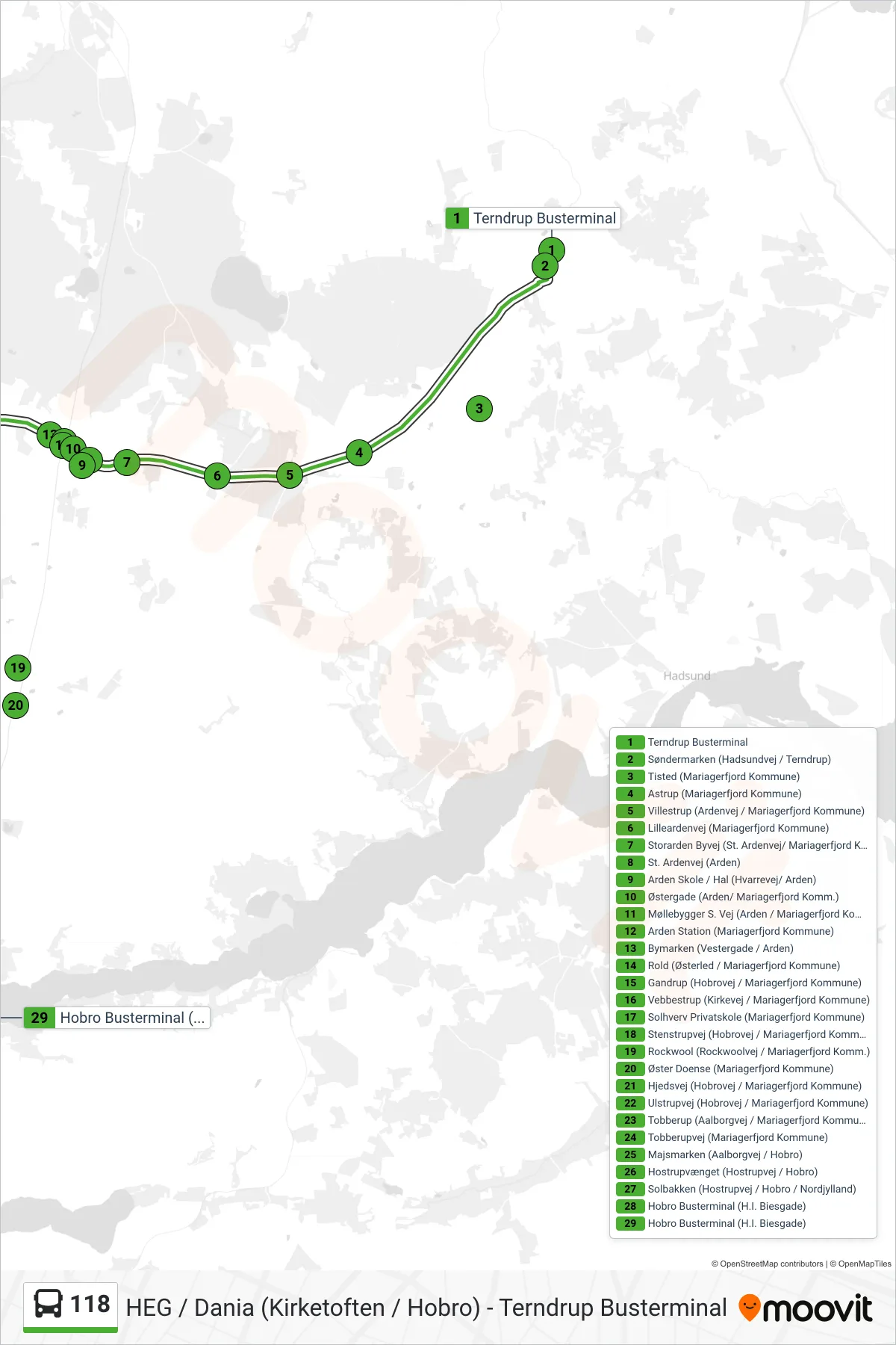118 bus Linje (Hobro Busterminal) rute og stop på et kort