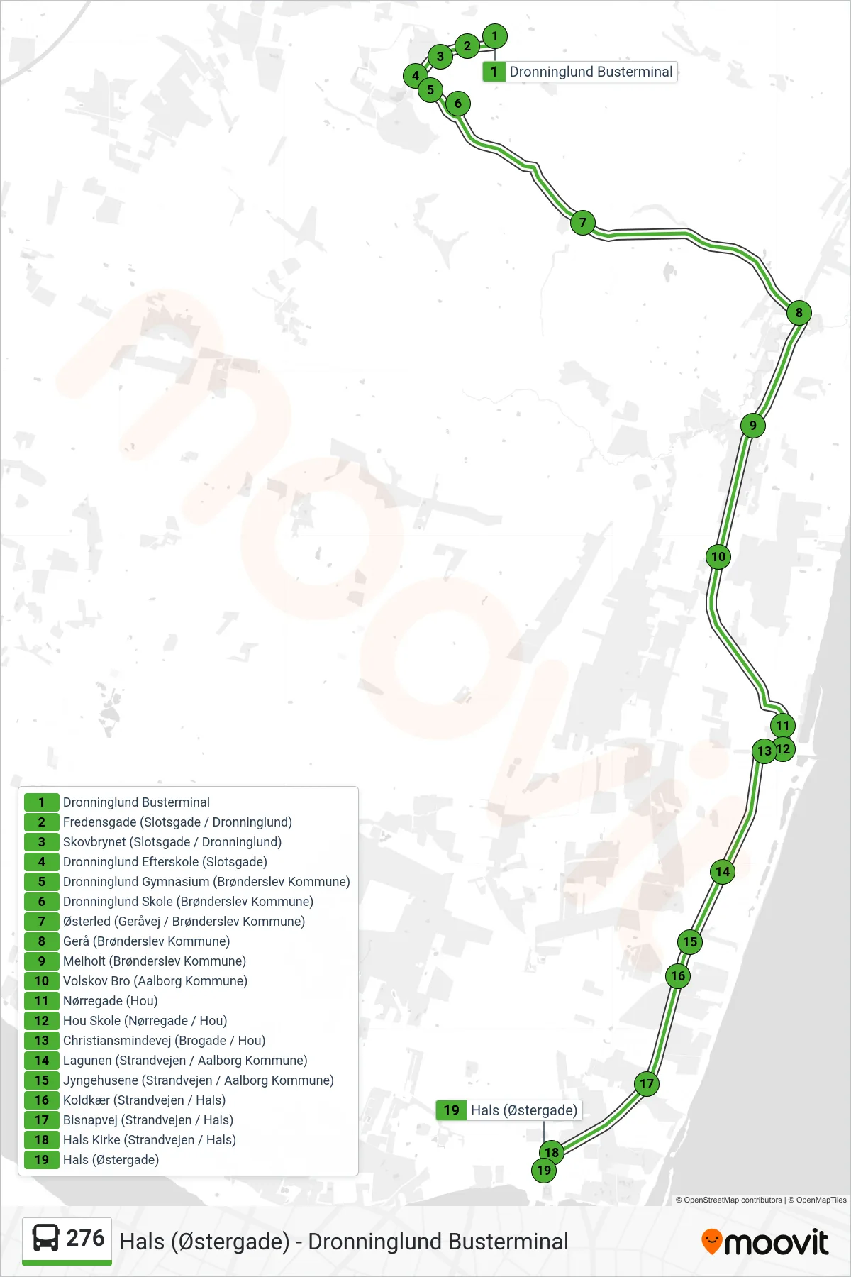 276 bus Linje (Hals) rute og stop på et kort