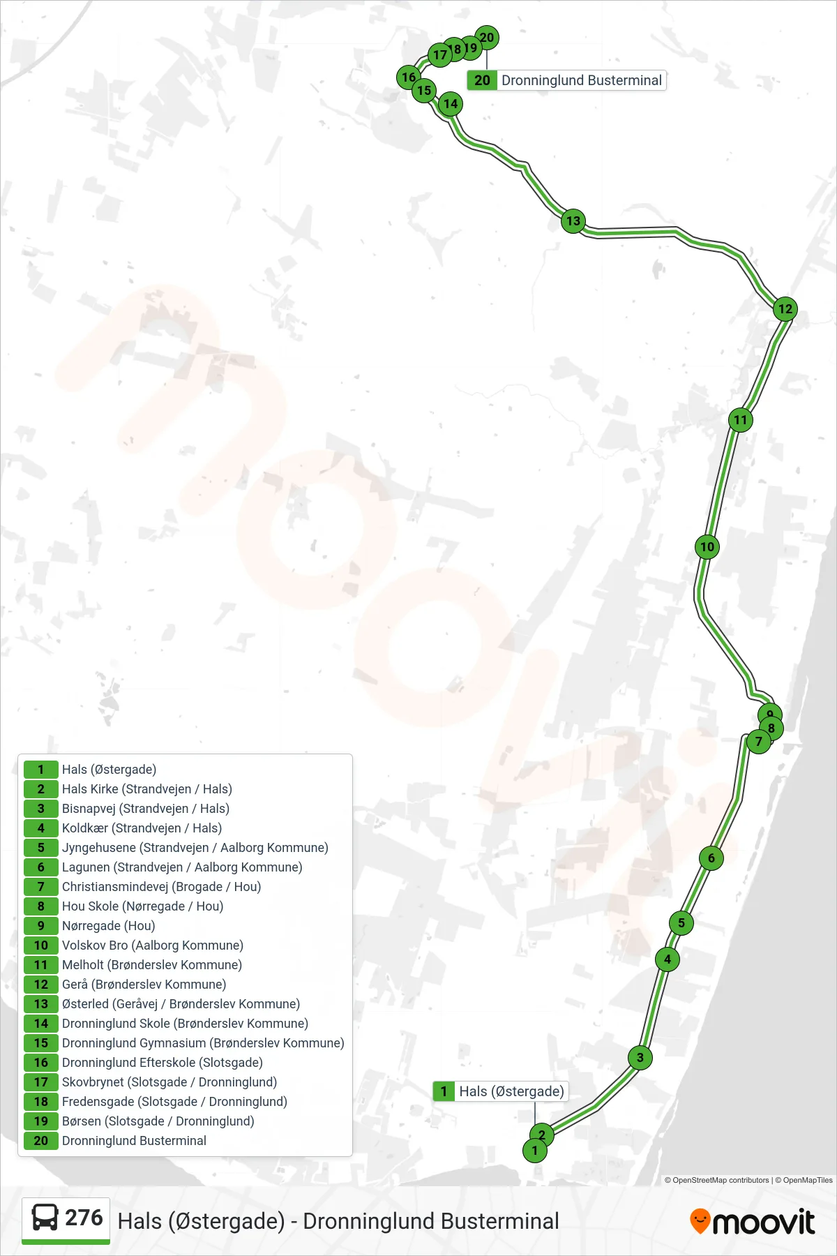276 bus Linje (Dronninglund) rute og stop på et kort