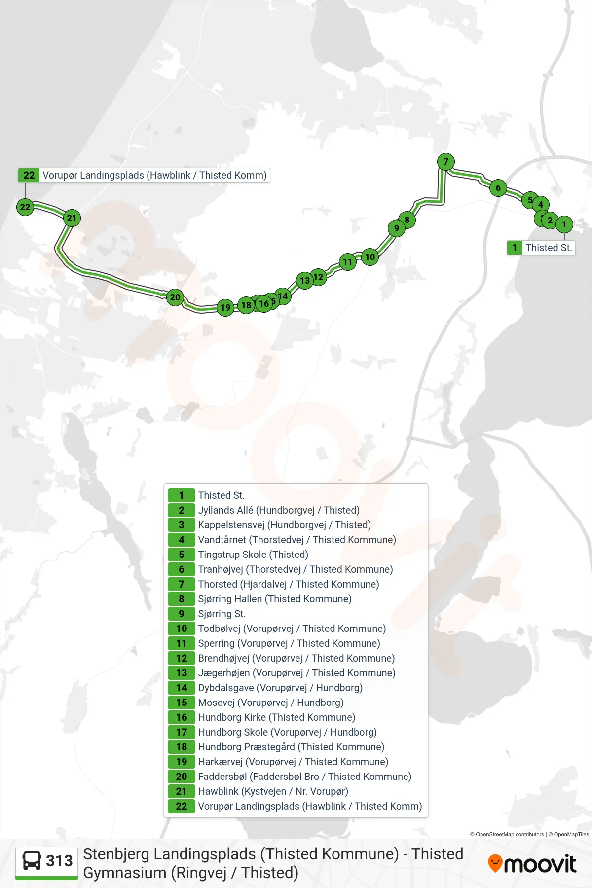 313 bus Linje (Vorupør) rute og stop på et kort