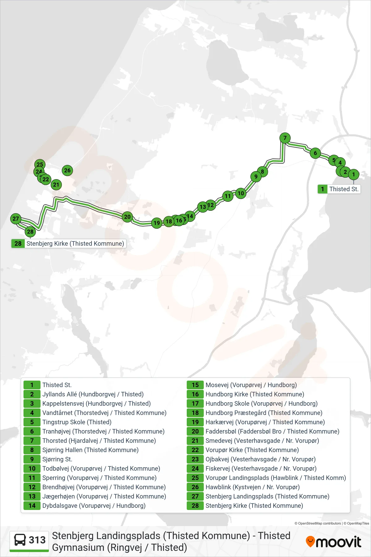 313 bus Linje (Stenbjerg) rute og stop på et kort