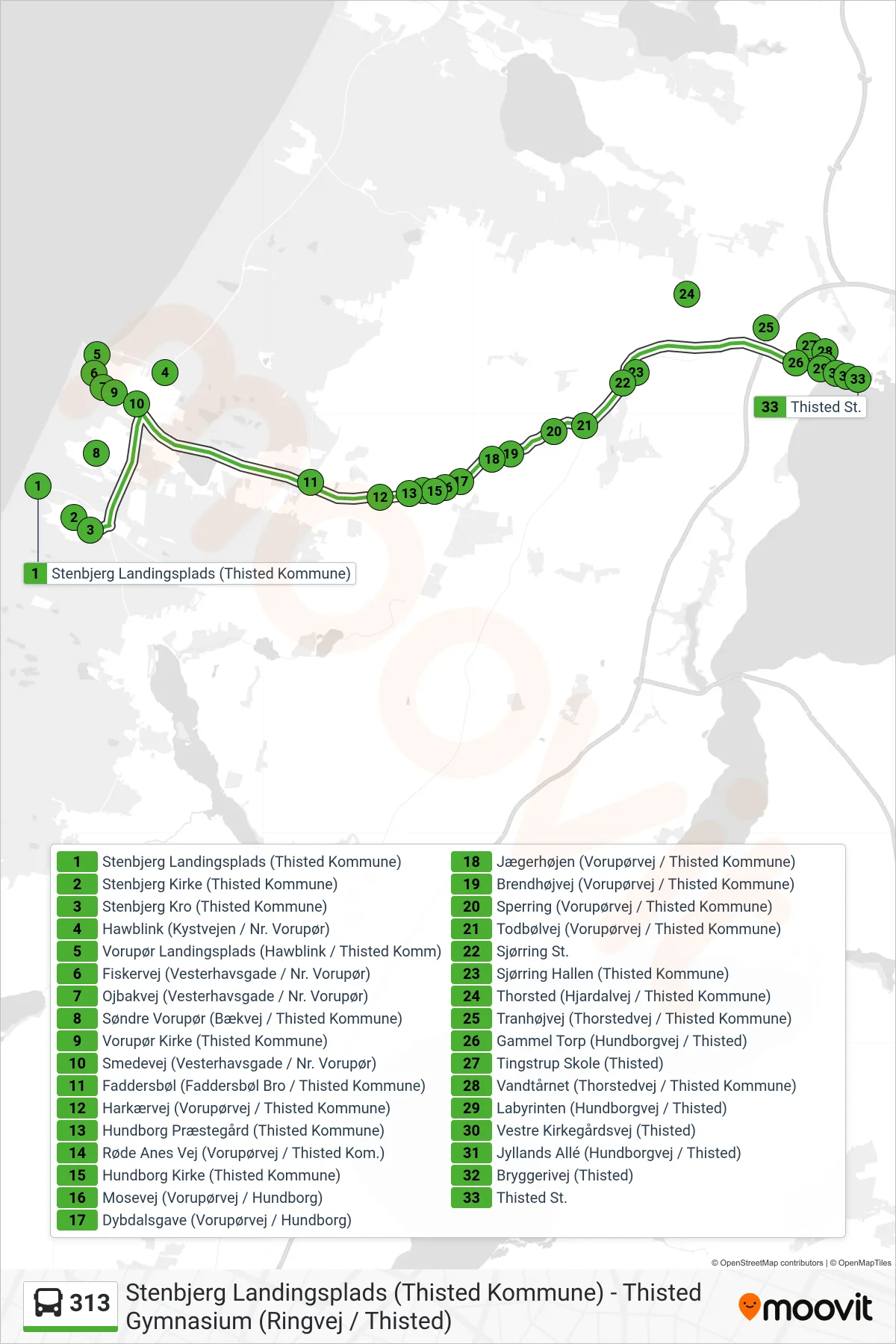 313 bus Line (Thisted St.) route and stops on a map