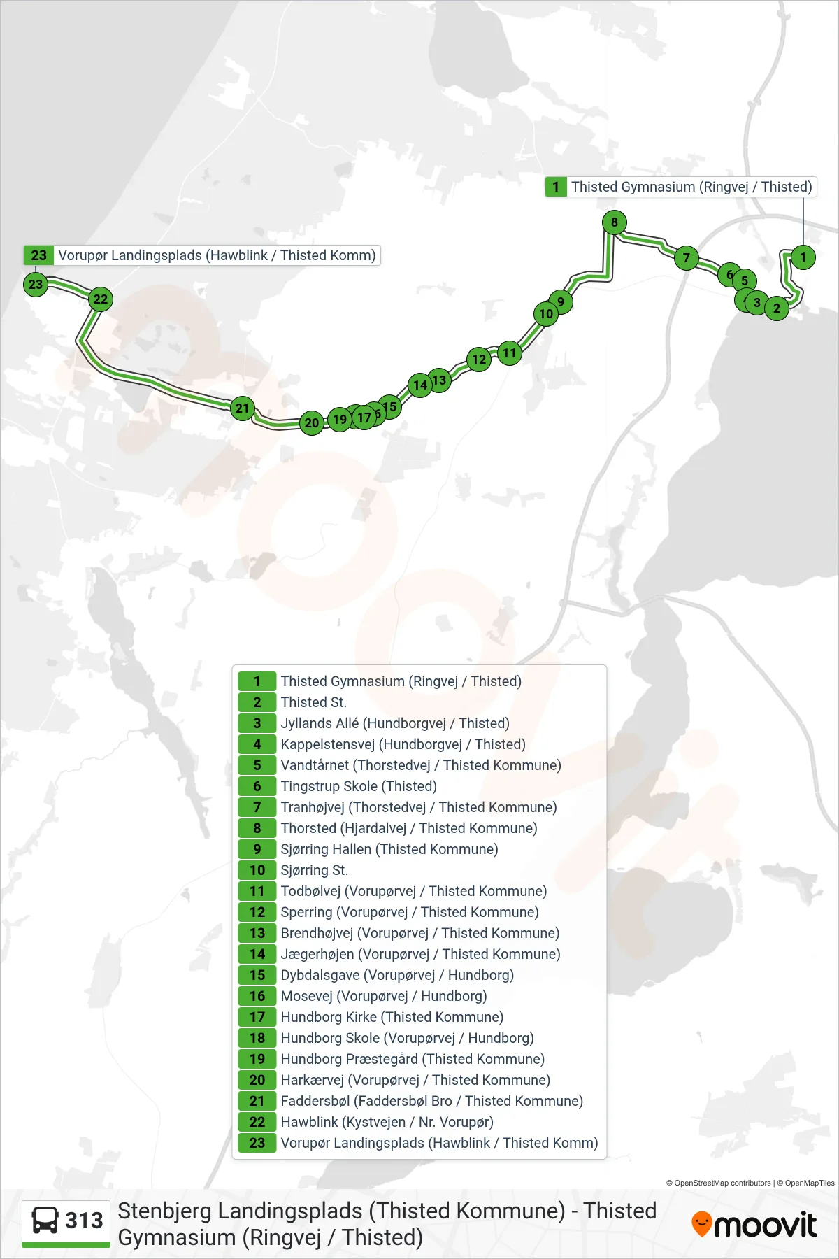 313 bus Line (Vorupør Via Thisted St) route and stops on a map