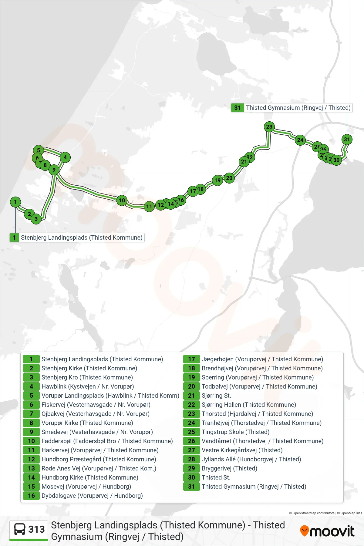 313 bus Linje (Thisted St. / Gymnasium) rute og stop på et kort