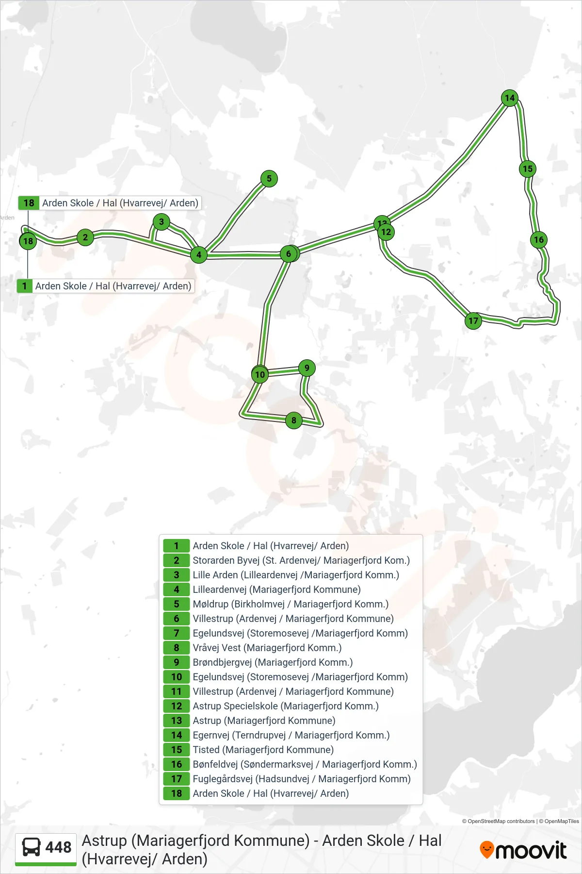 448 bus Linje (Arden Skole / Hal (Hvarrevej/ Arden)) rute og stop på et kort