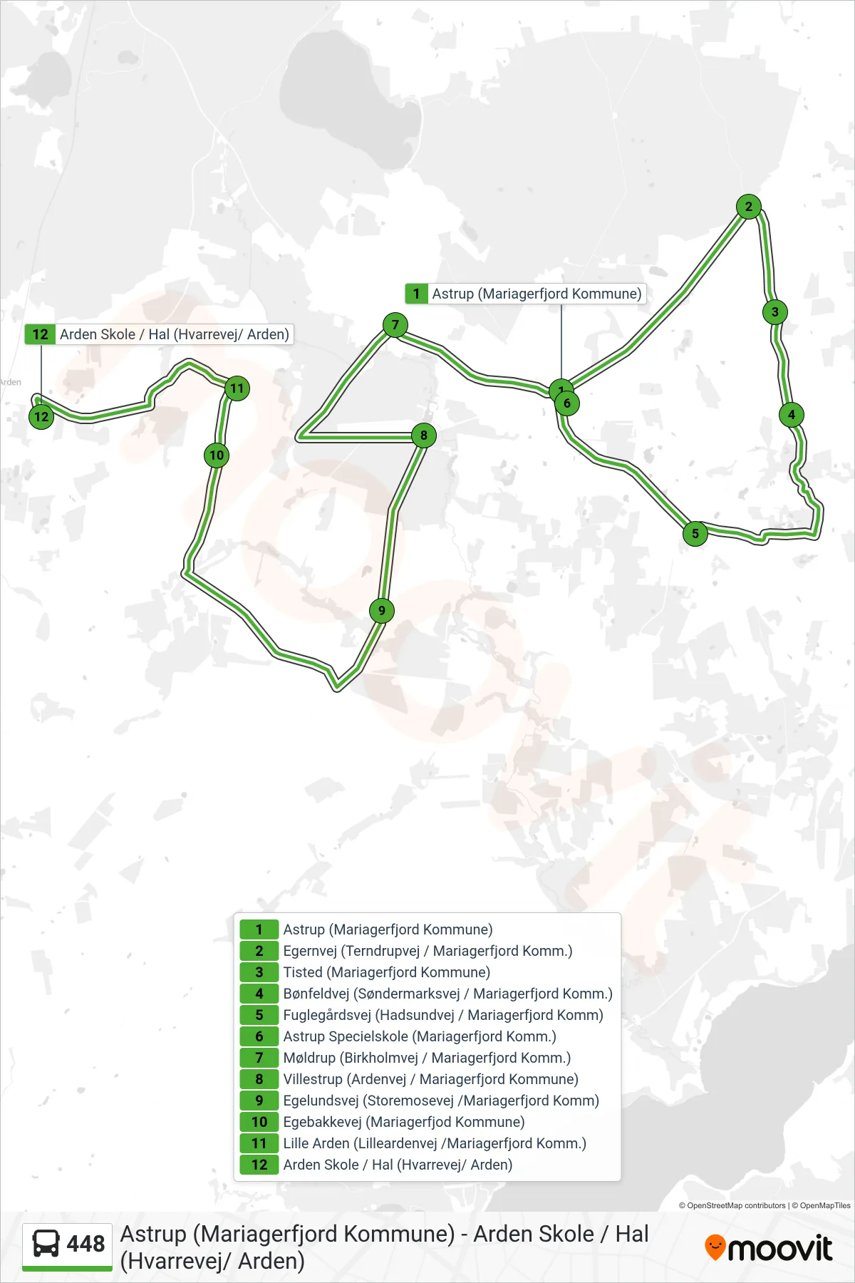448 bus Linje (Arden Skole) rute og stop på et kort