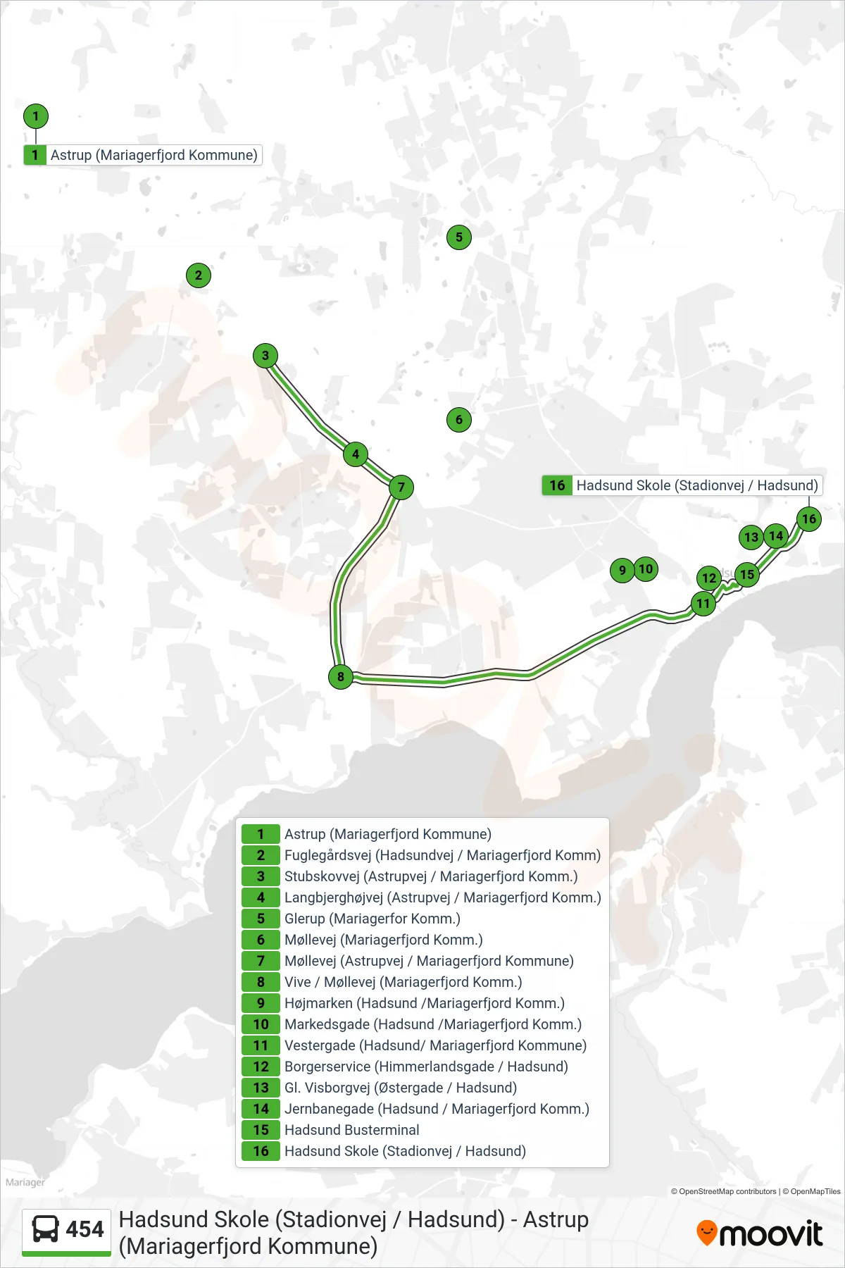 454 bus Line (Hadsund) route and stops on a map