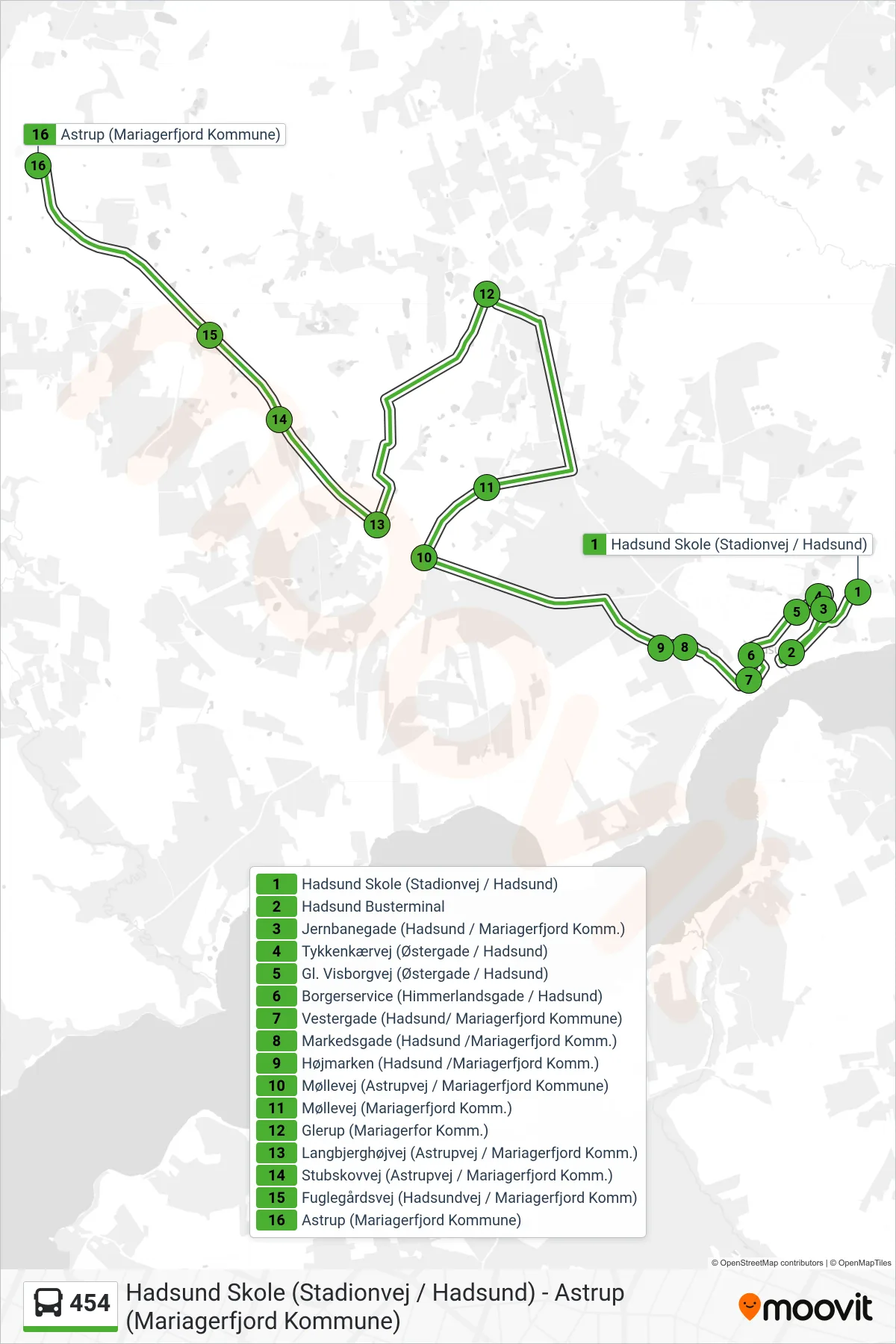 454 bus Linje (Arden Via Glerup) rute og stop på et kort