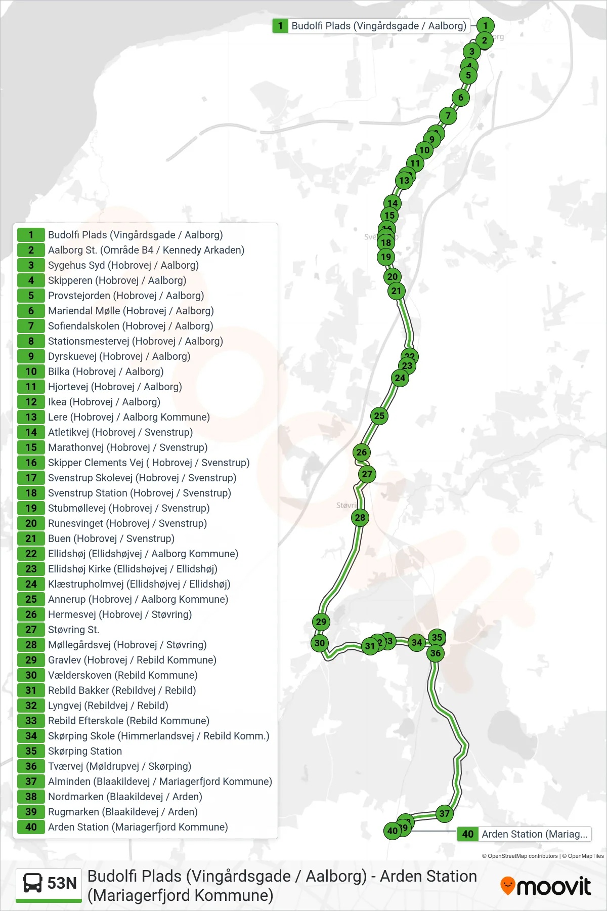 53N bus Linje (Arden) rute og stop på et kort