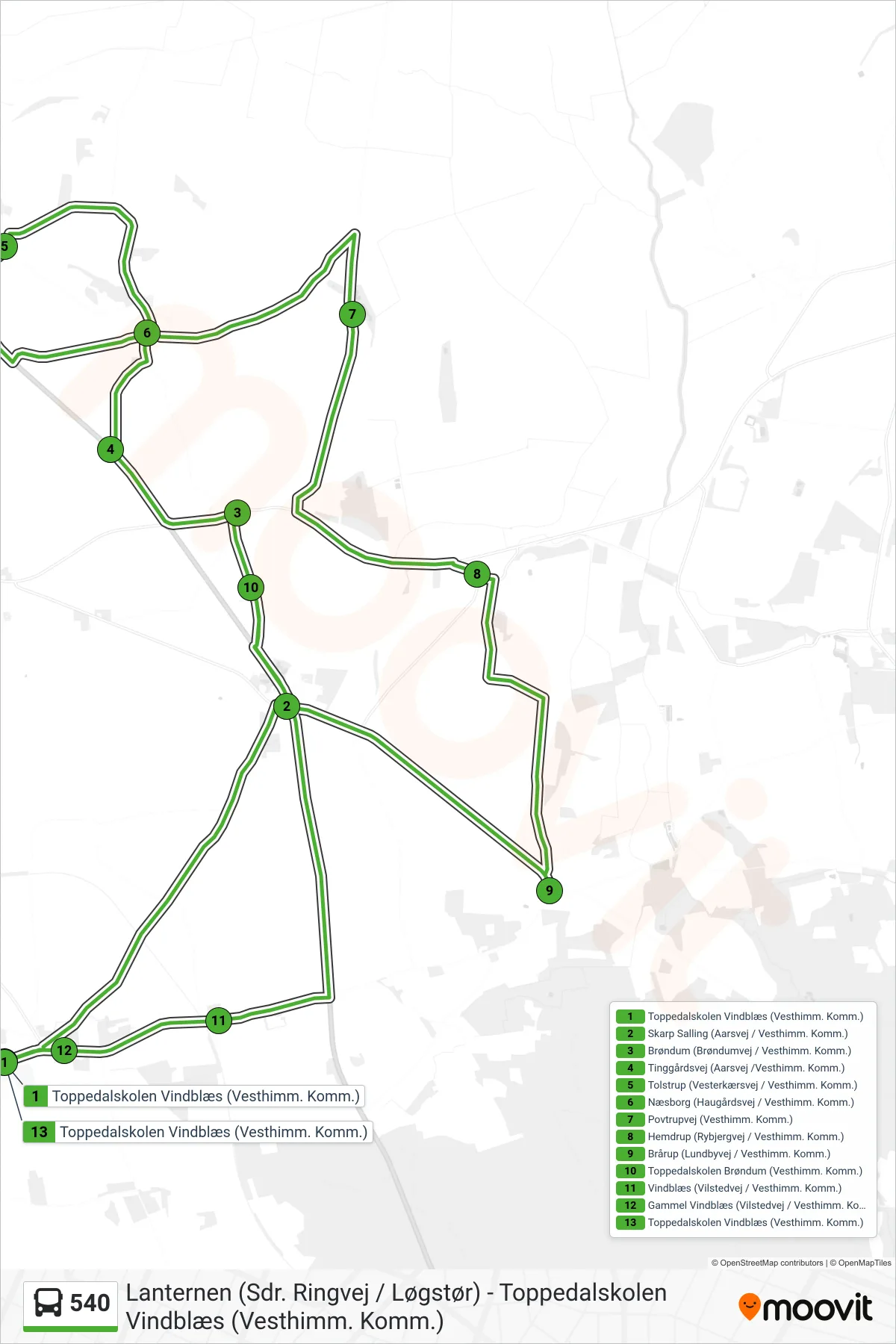 540 bus Linje (Vindblæs) rute og stop på et kort