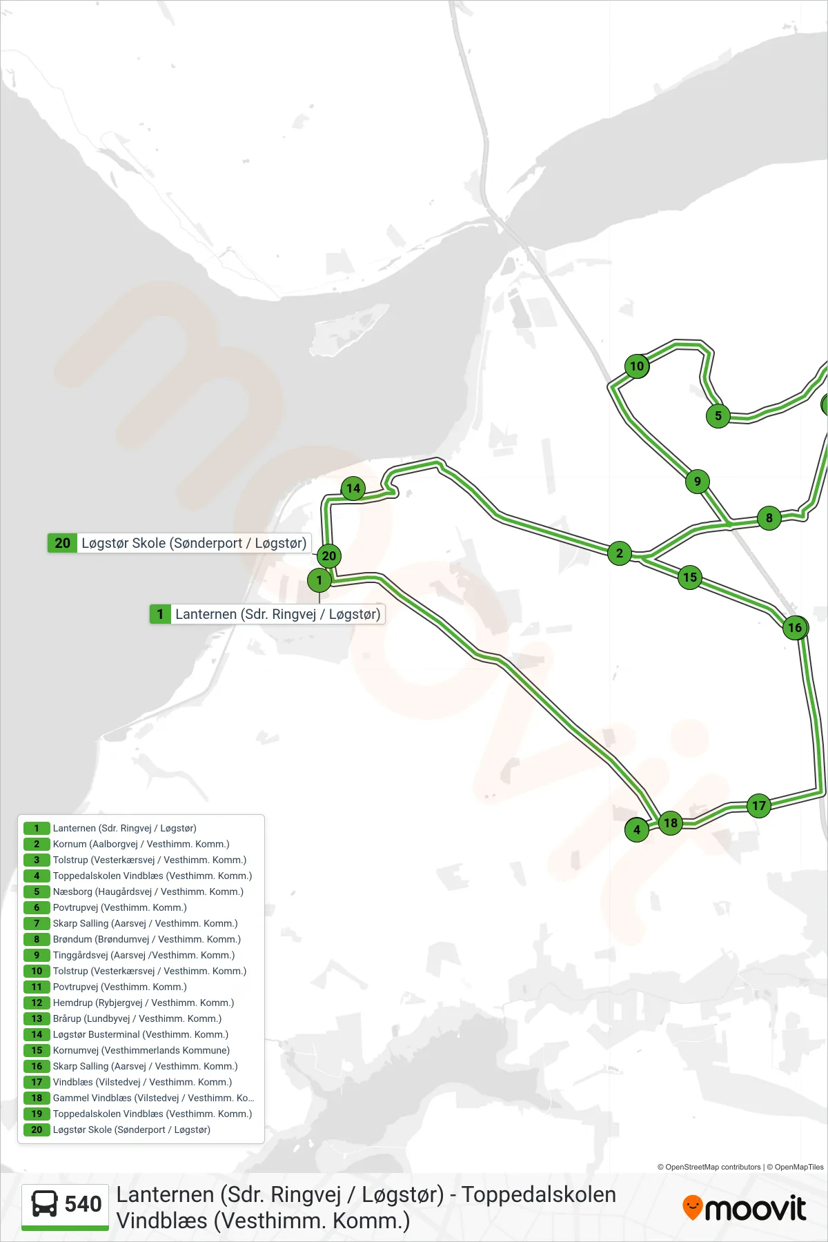 540 bus Linje (Brøndum-Vindblæs) rute og stop på et kort