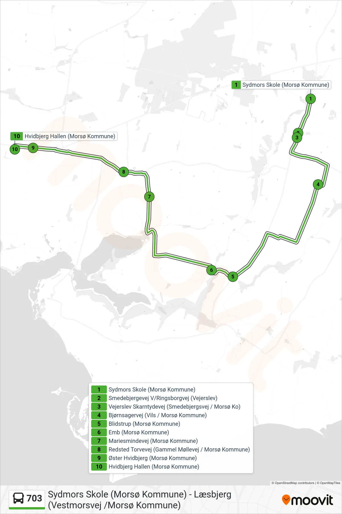 703 bus Linje (Hvidbjerg Hallen (Morsø Kommune)) rute og stop på et kort