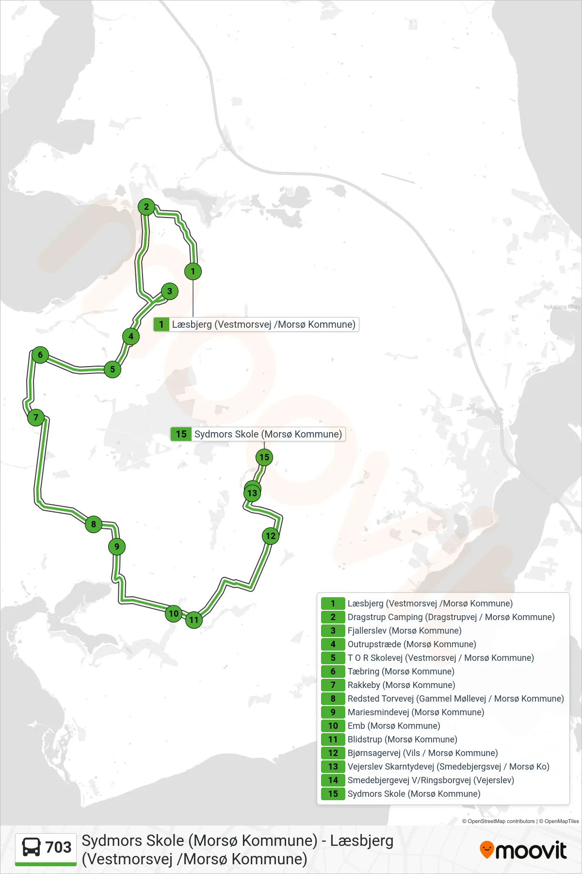 703 bus Linje (Sydmors Skole (Morsø Kommune)) rute og stop på et kort