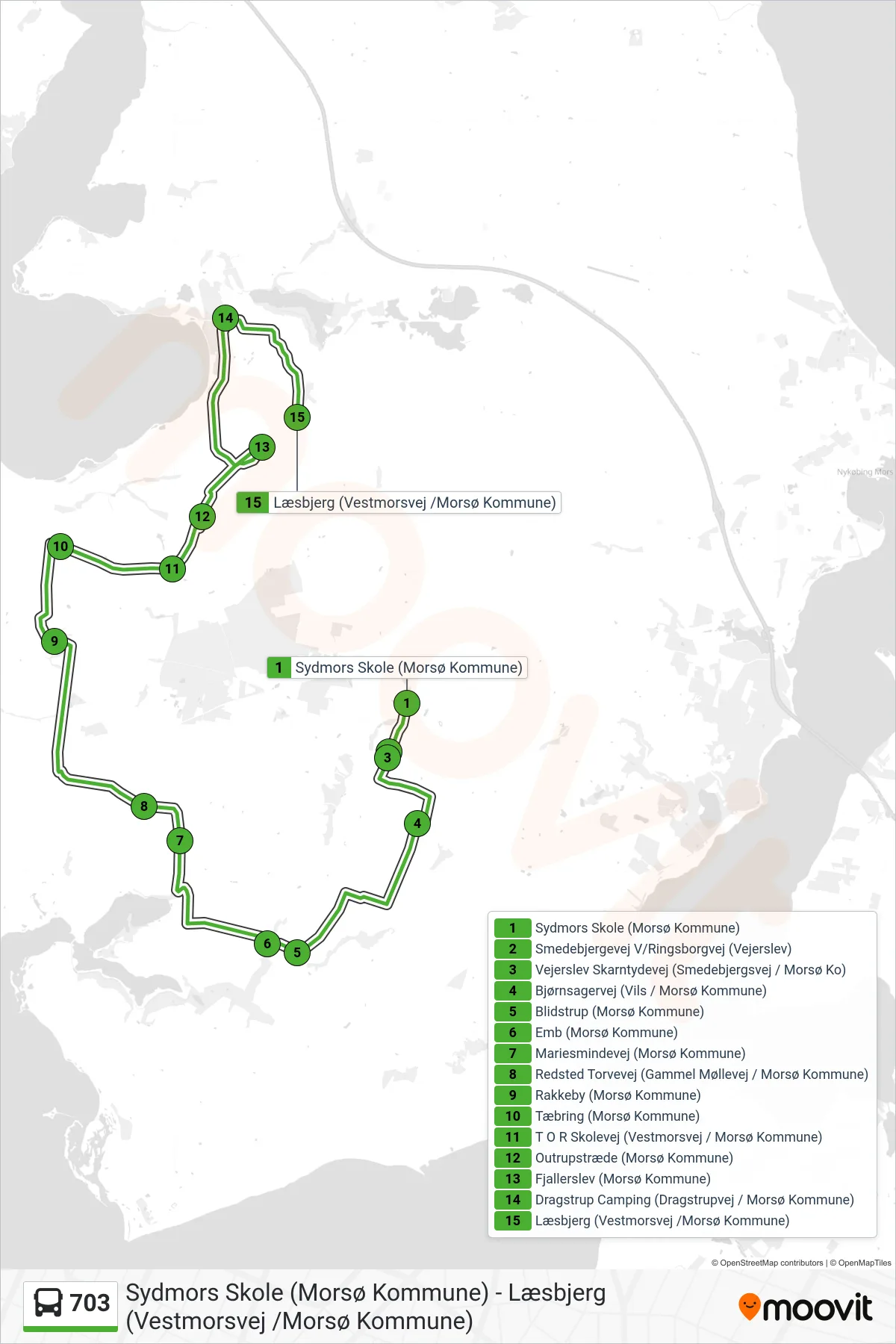 703 bus Linje (Læsbjerg (Vestmorsvej /Morsø Kommune)) rute og stop på et kort