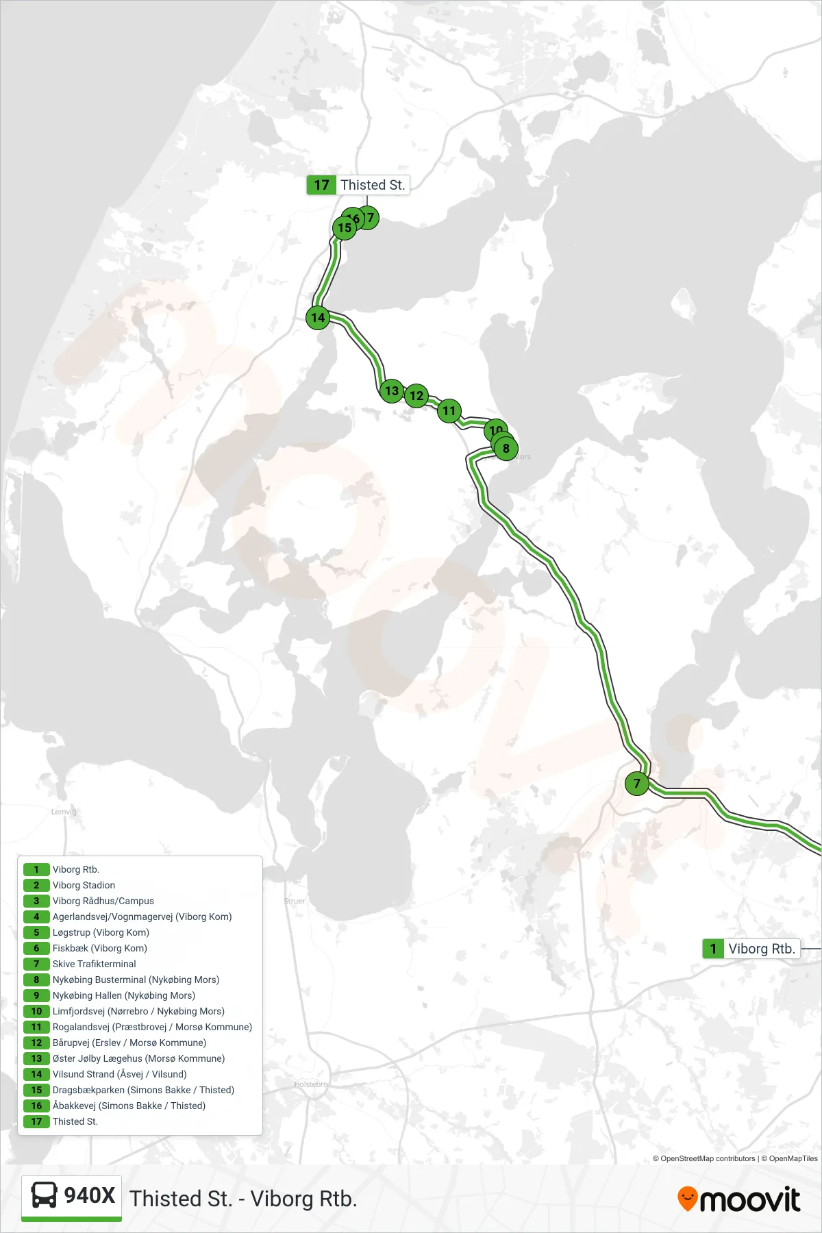 940X bus Linje (Thisted St.) rute og stop på et kort