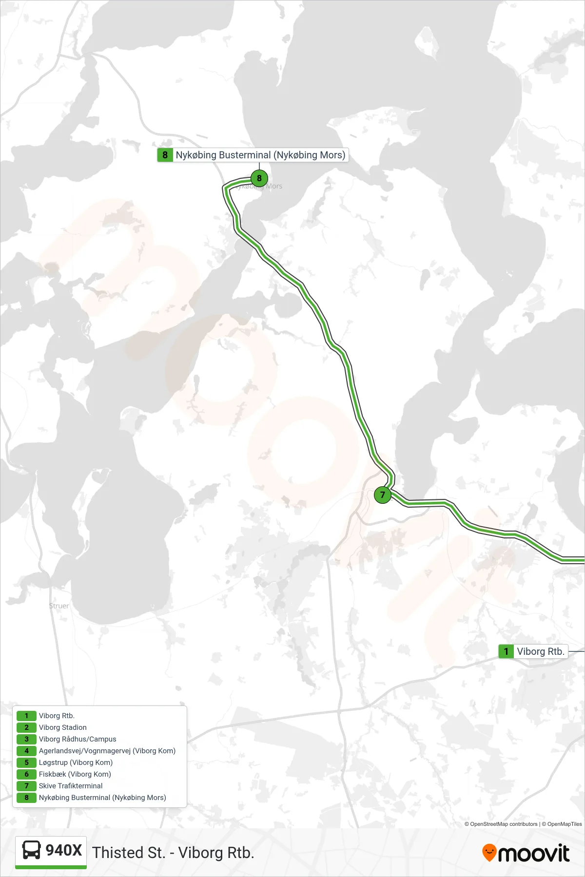 940X bus Linje (Nykøbing Busterminal (Nykøbing Mors)) rute og stop på et kort