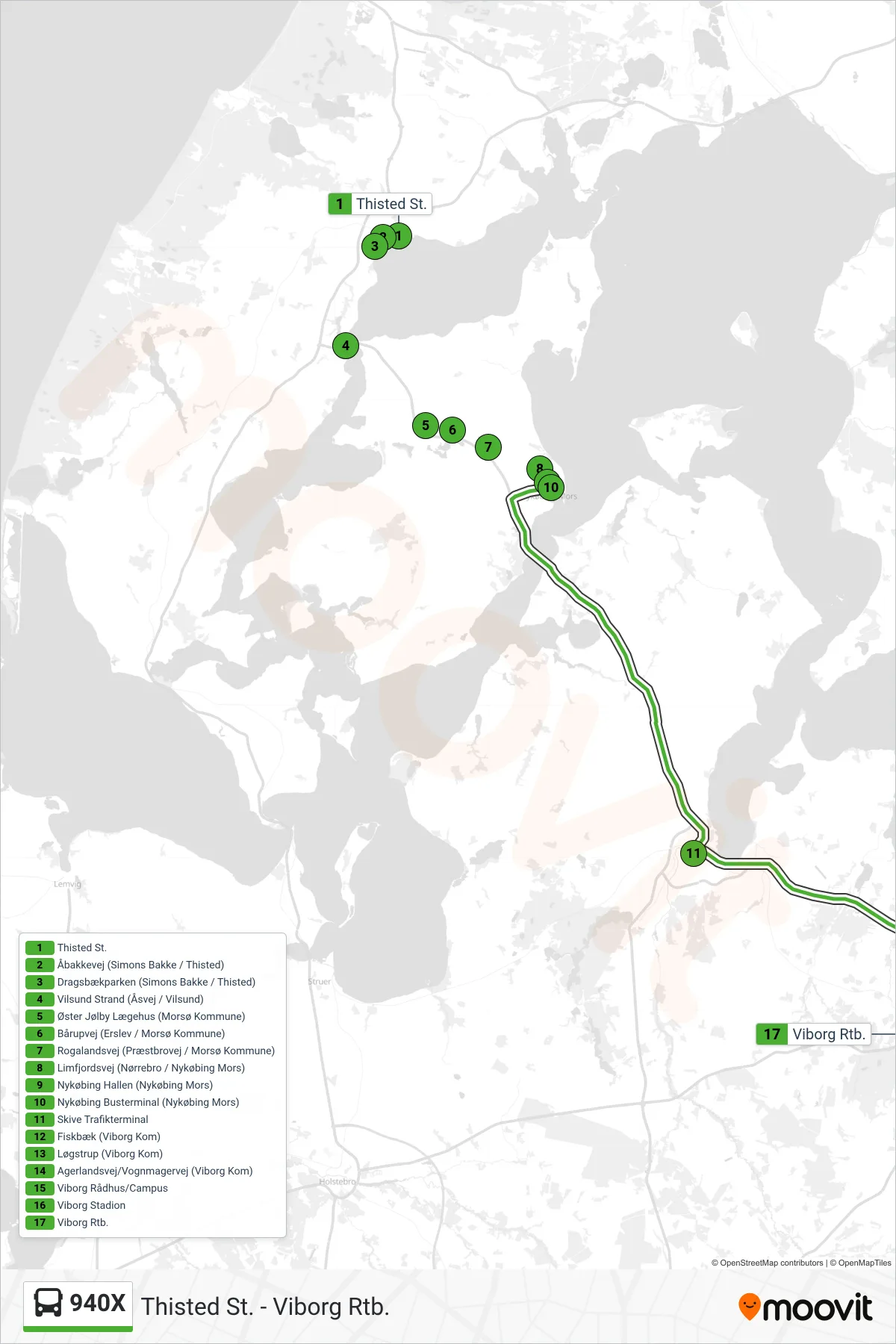940X bus Linje (Viborg Rtb.) rute og stop på et kort