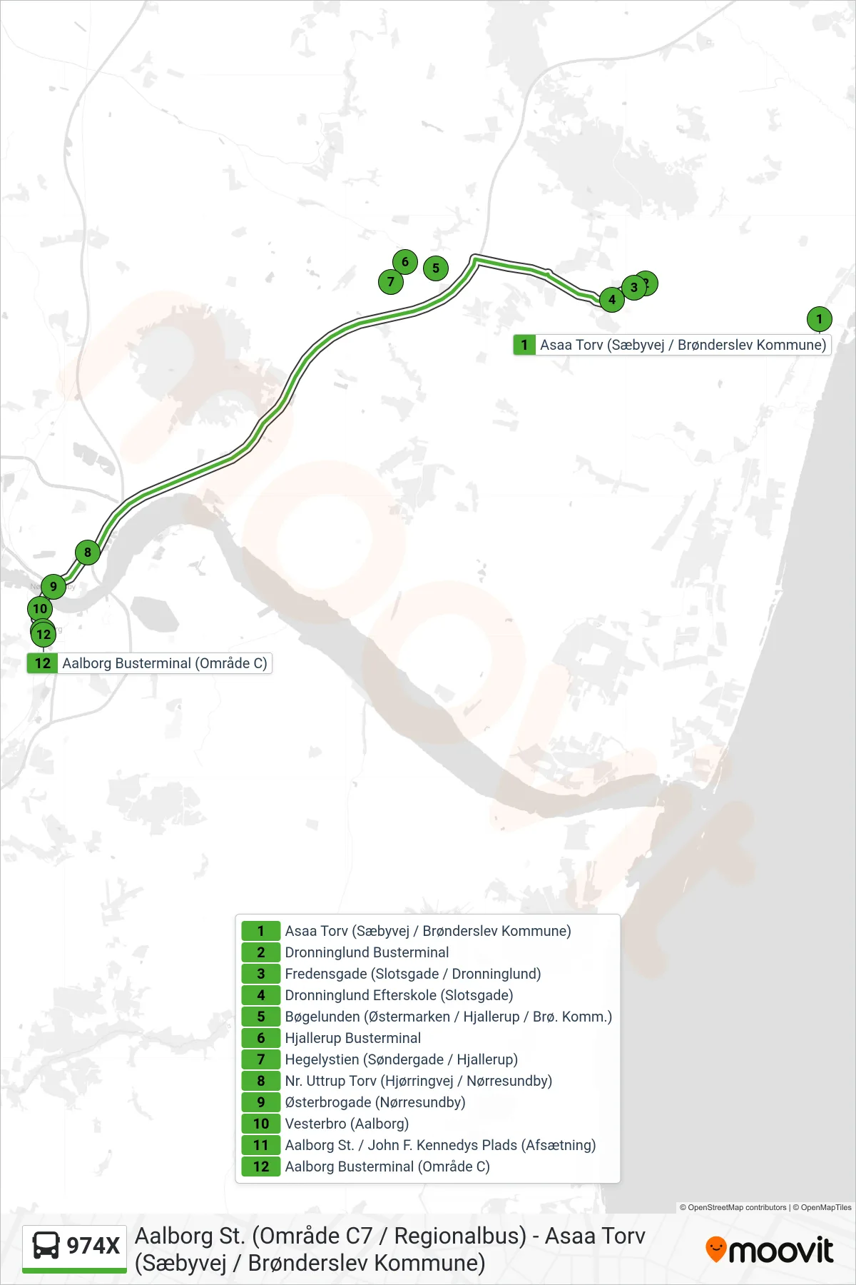 974X bus Linje (Aalborg St.) rute og stop på et kort
