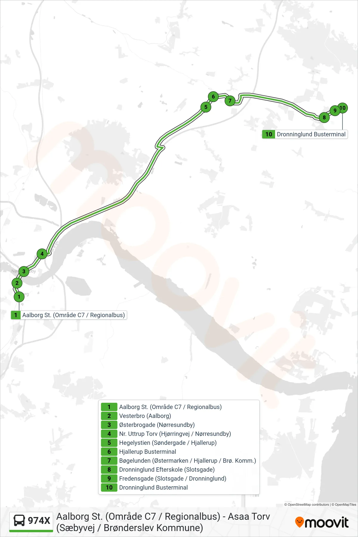 974X bus Line (Dronninglund) route and stops on a map