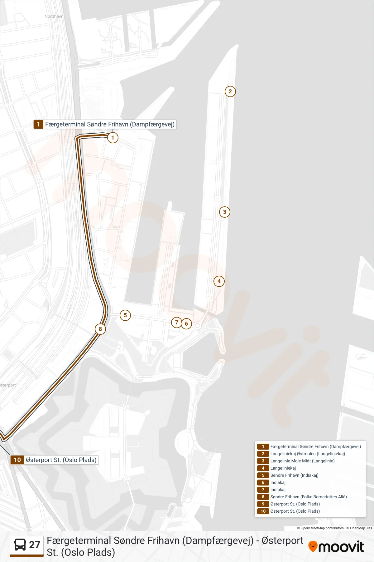 27 bus Linje (Østerport St.) rute og stop på et kort