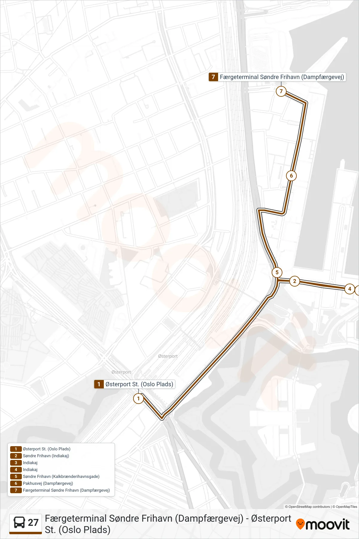 27 bus Linje (Færgeterminal Søndre Frihavn) rute og stop på et kort