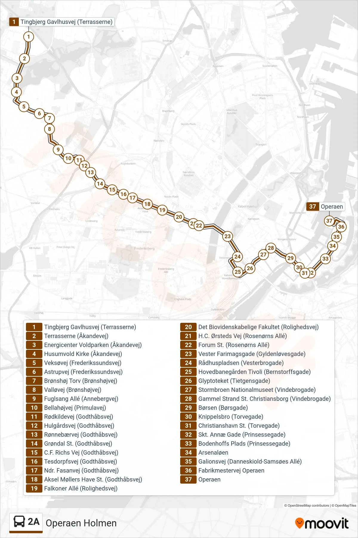 2A bus Linje (Operaen Holmen) rute og stop på et kort