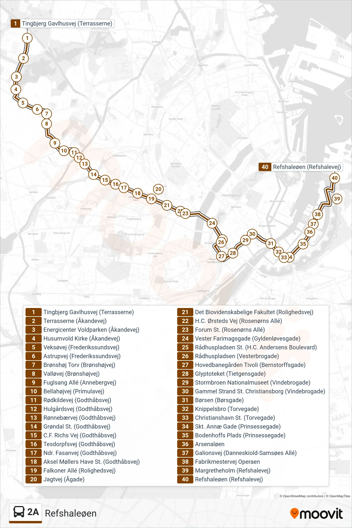 2A bus Linje (Refshaleøen) rute og stop på et kort