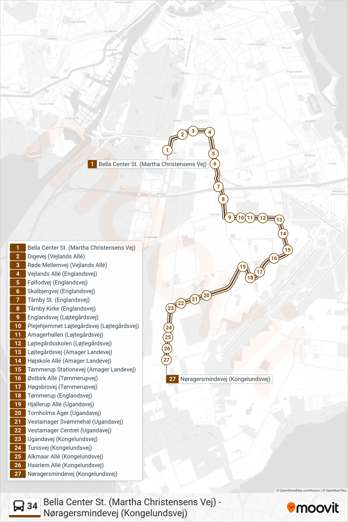 34 bus Linje (Vestamager Nøragersmindevej) rute og stop på et kort