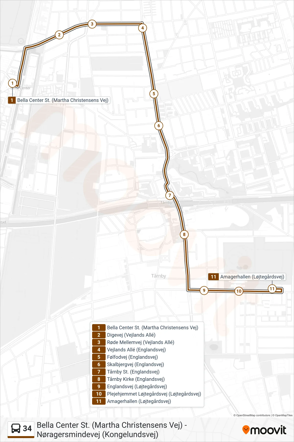 34 bus Linje (Amagerhallen) rute og stop på et kort