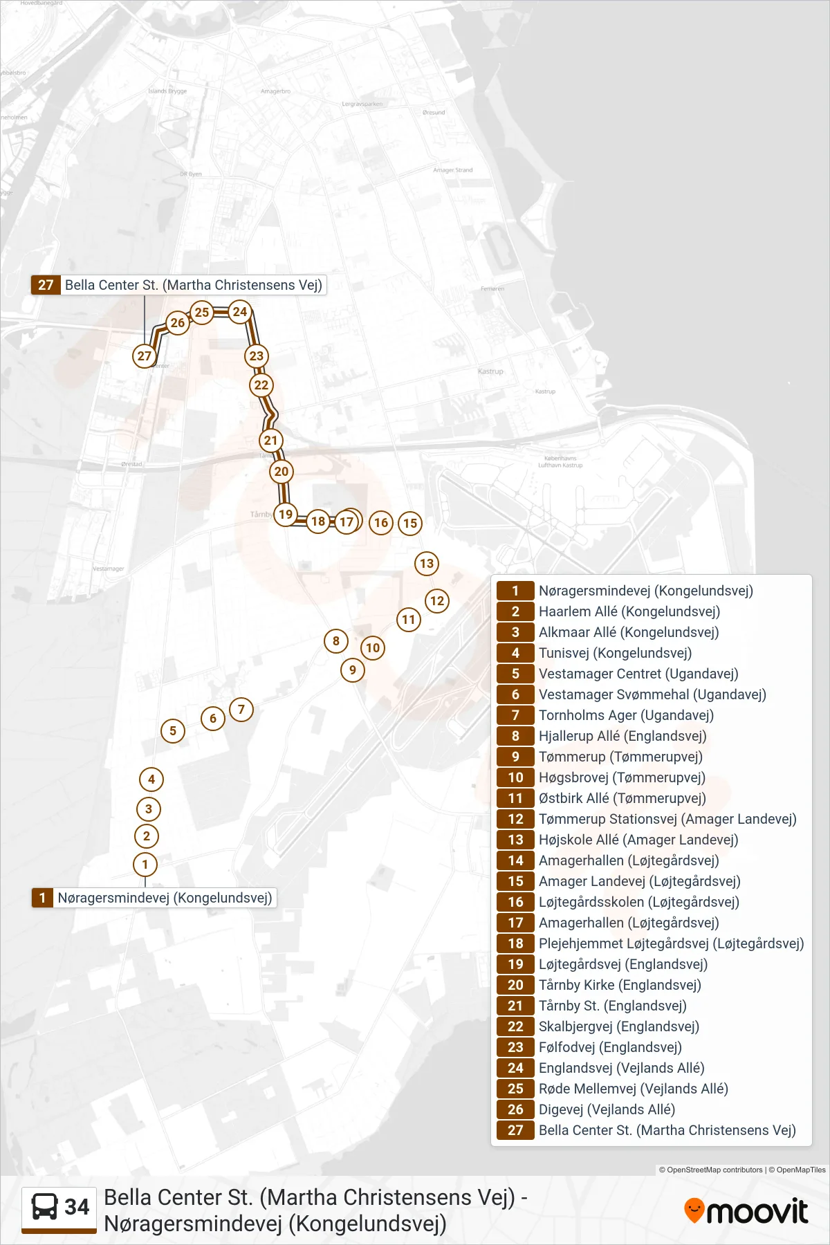 34 bus Linje (Bella Center) rute og stop på et kort
