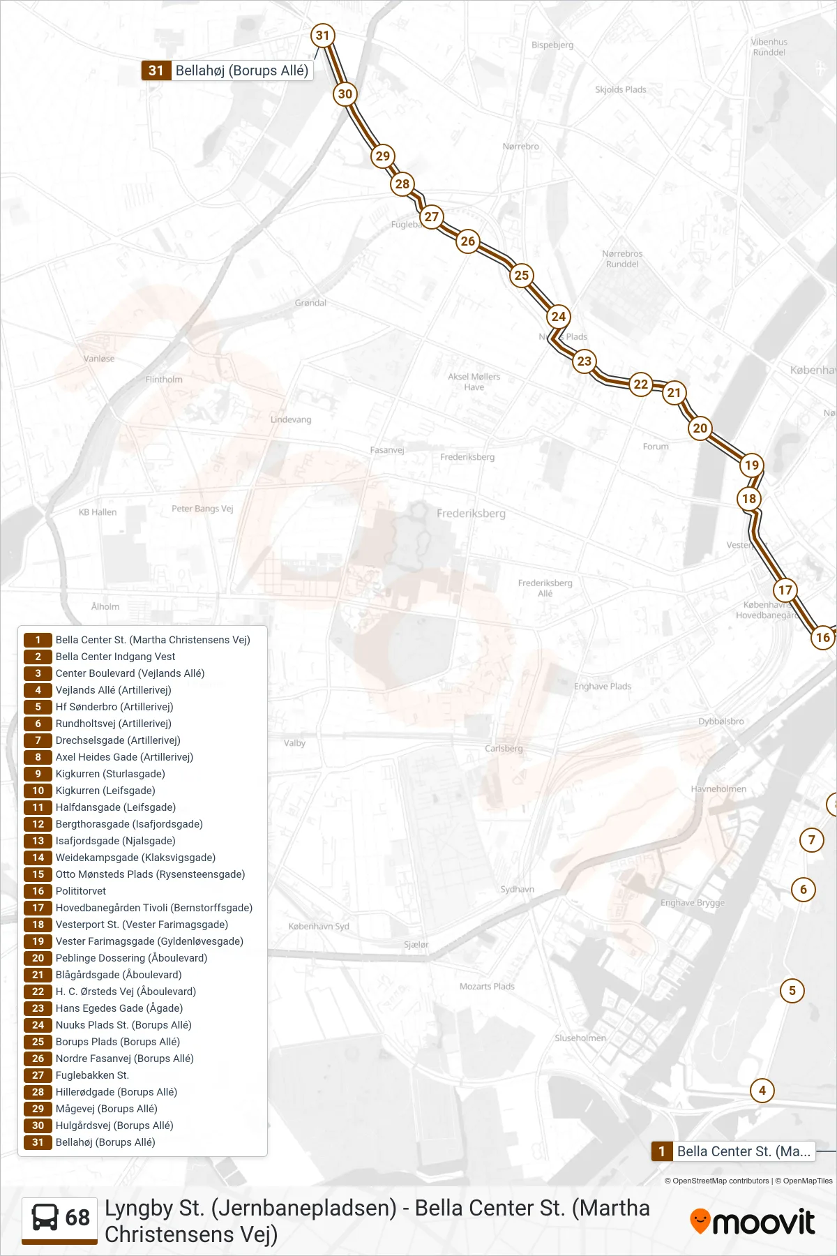 68 bus Linje (Bellahøj) rute og stop på et kort