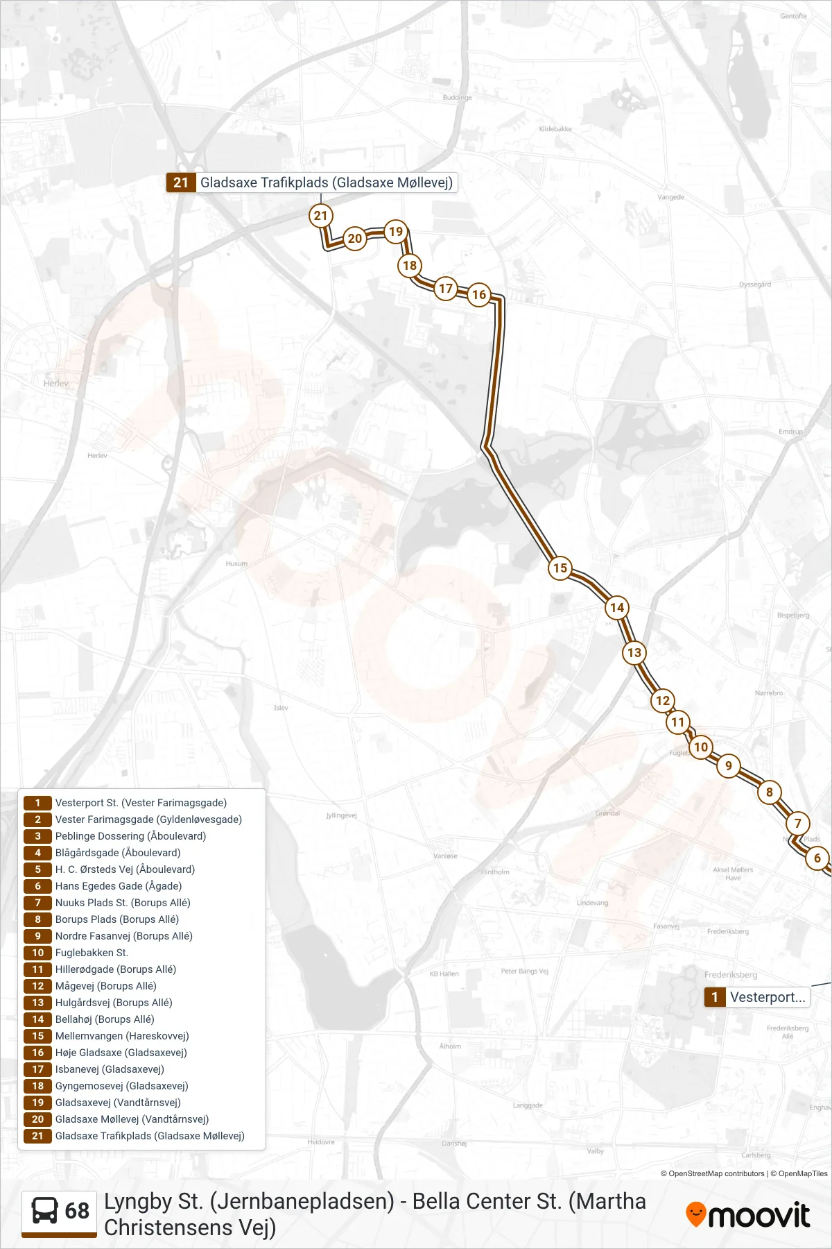 68 bus Linje (Gladsaxe Trafikplads) rute og stop på et kort