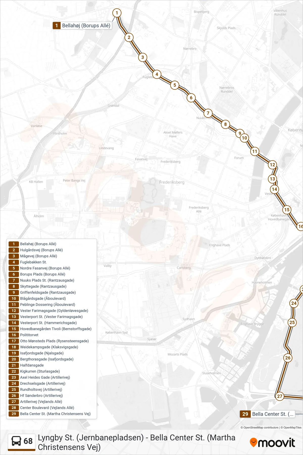 68 bus Linje (Bella Center) rute og stop på et kort