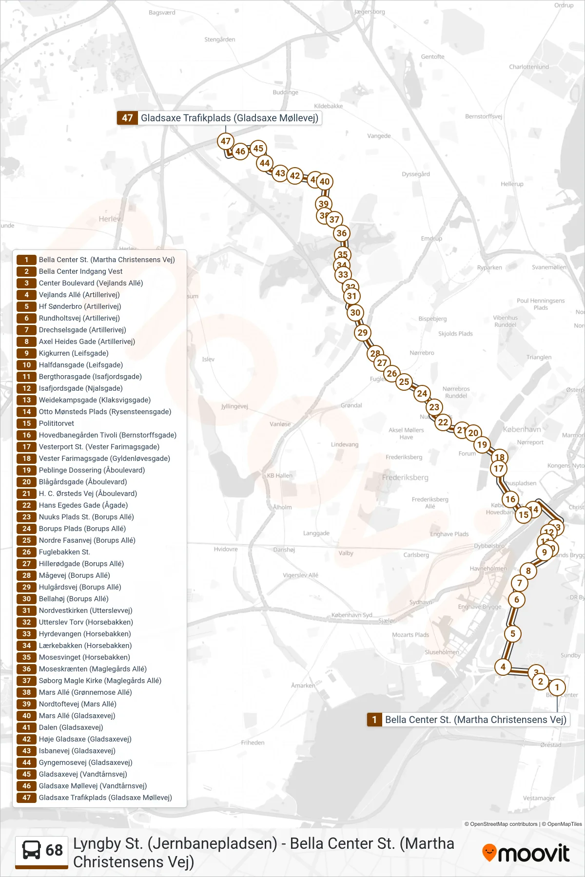 68 bus Linje (Gladsaxe Trafikplads Via Utterslev Torv) rute og stop på et kort