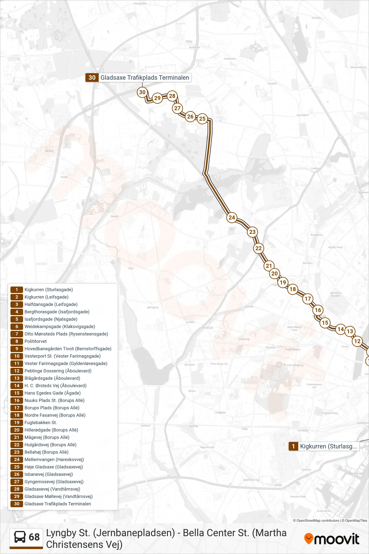 68 bus Linje (Gladsaxe Trafikplads Via Mellemvangen) rute og stop på et kort