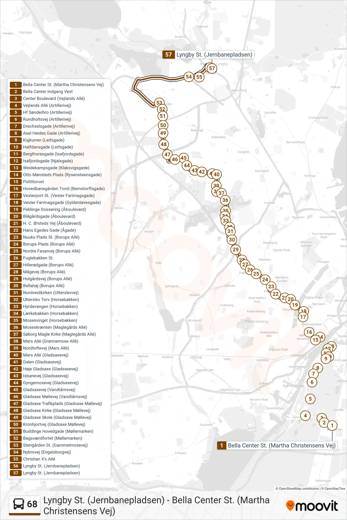 68 bus Linje (Lyngby St. (Jernbanepladsen)) rute og stop på et kort
