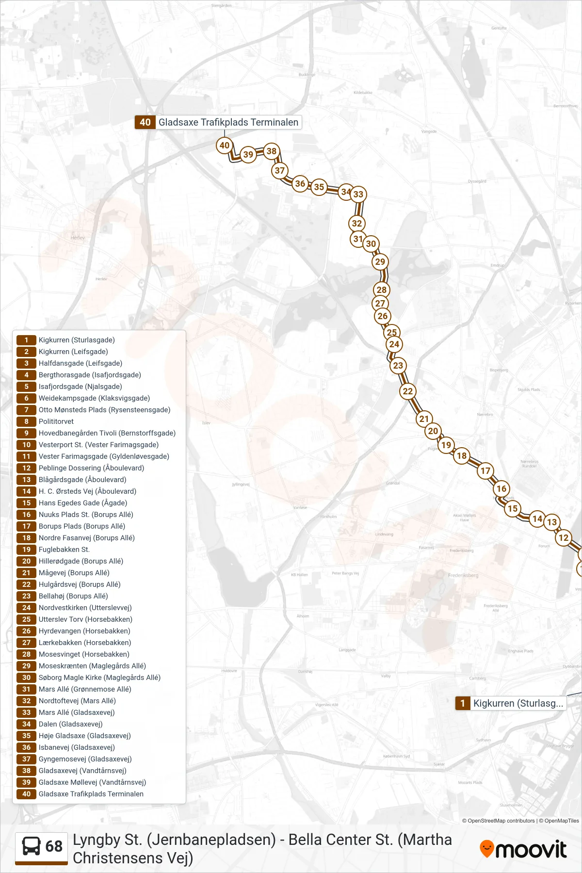 68 bus Linje (Gladsaxe Trafikplads Terminalen) rute og stop på et kort