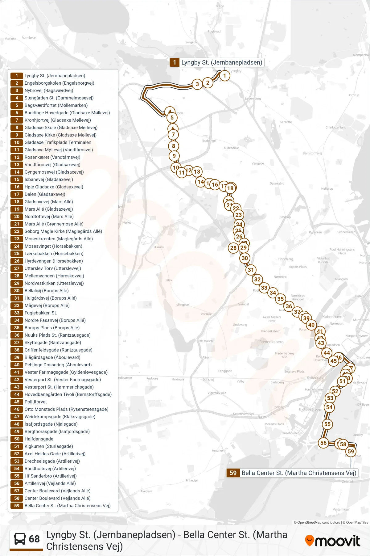 68 bus Linje (Bella Center St. (Martha Christensens Vej)) rute og stop på et kort